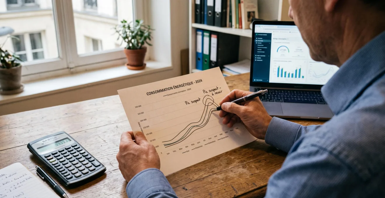 Un courtier annote un graphique de consommation de gaz sur son bureau.