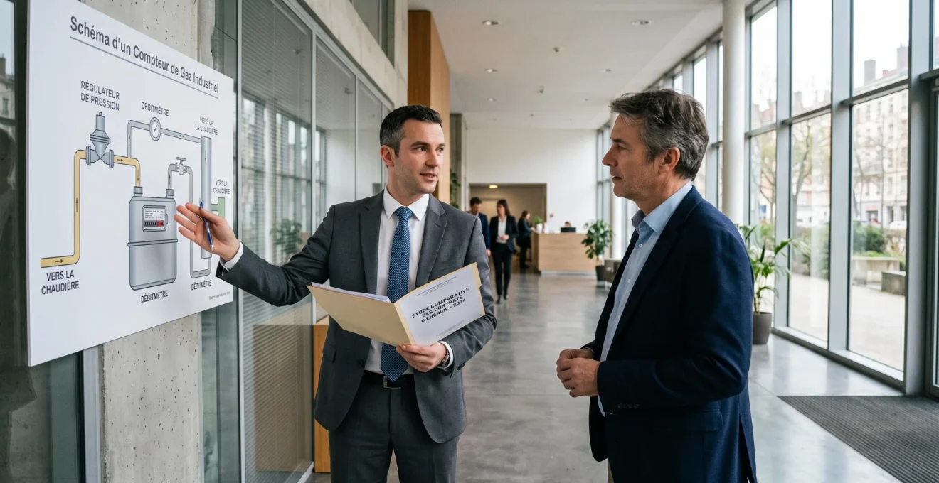 Un courtier en énergie explique une comparaison de contrats de gaz à un dirigeant d'entreprise.