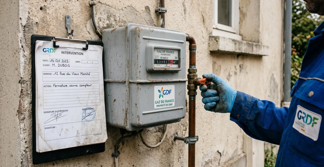 Un technicien manipule le compteur de gaz d'un bâtiment lors d'un changement de fournisseur.
